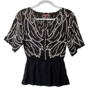 Anthropologie Black Embroidered Scalloped Button Front Peplum Top | Size 8